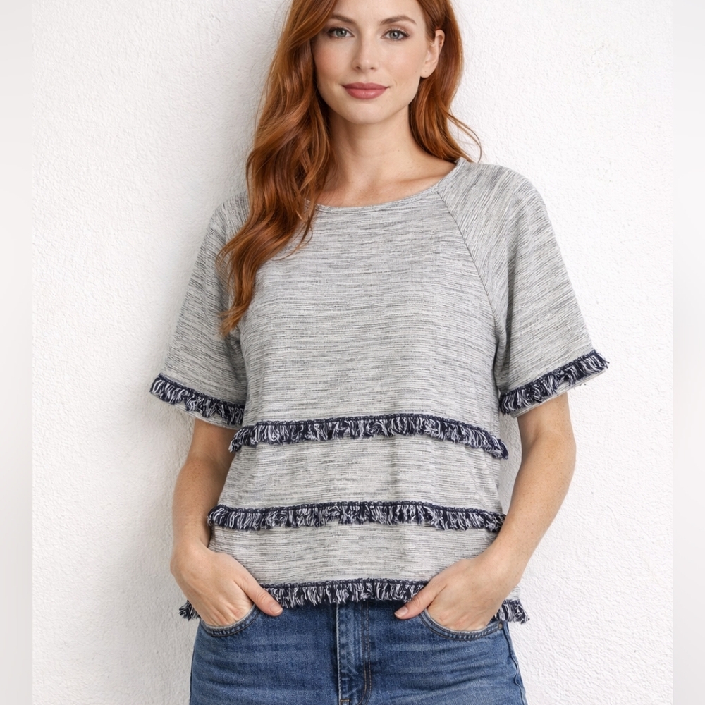 Chico's Faris Fringe Crop Top Gray Blue Space-Dye Sz 12 Boho Folk Festival